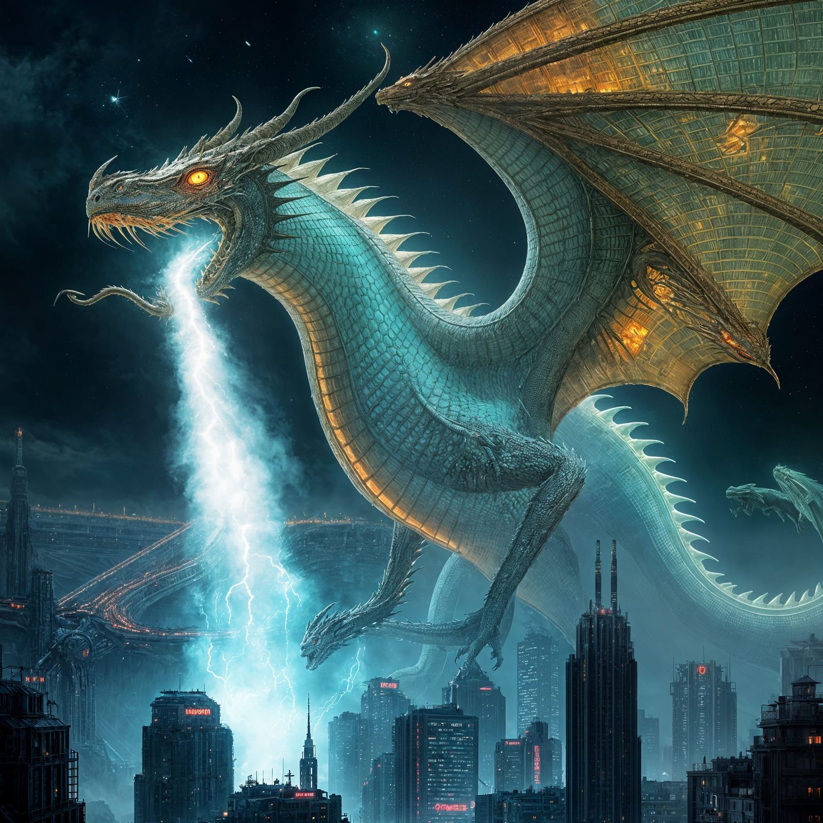 Bioluminescent Dragon Attacks Futuristic City in Photorealis...