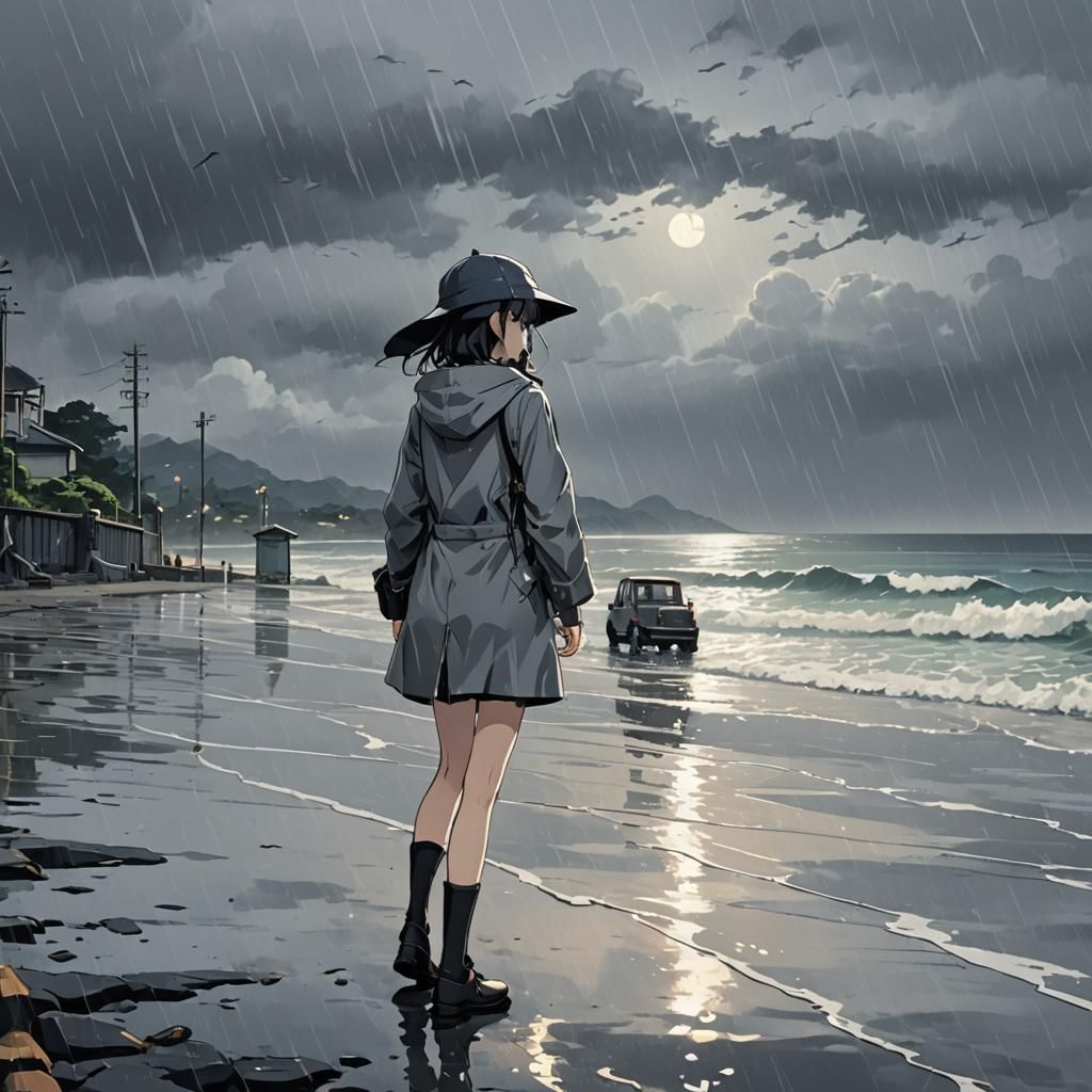 Rainy Day by the Sea: Anime Cel-Shaded Art