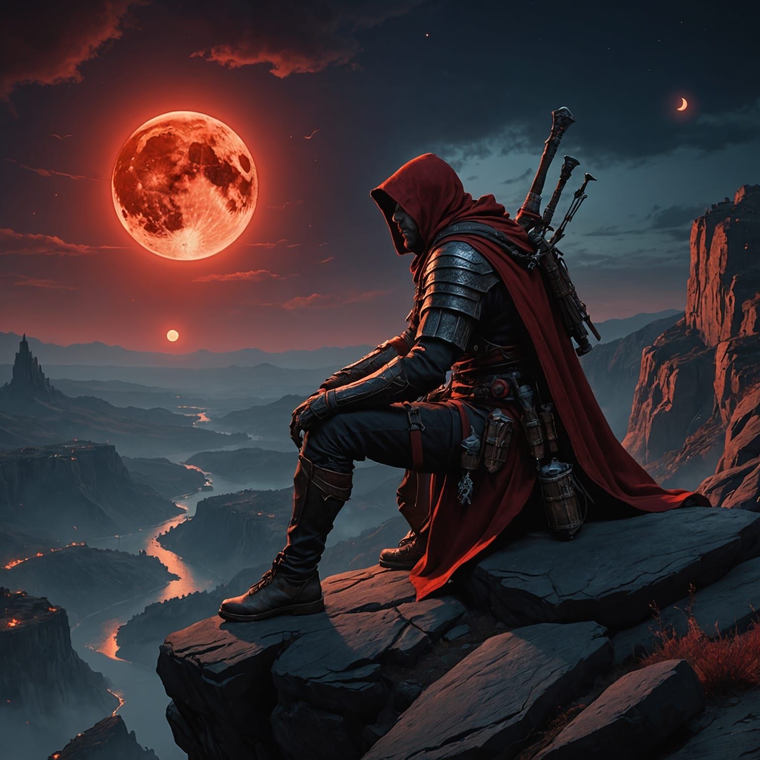 Assassin on Cliff Under Red Moon: Fantasy Concept Art
