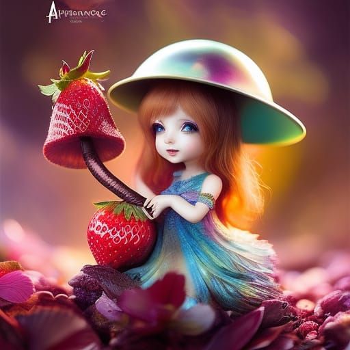 Chibi Strawberry Girl in Mushroom Forest, Fantasycore Art