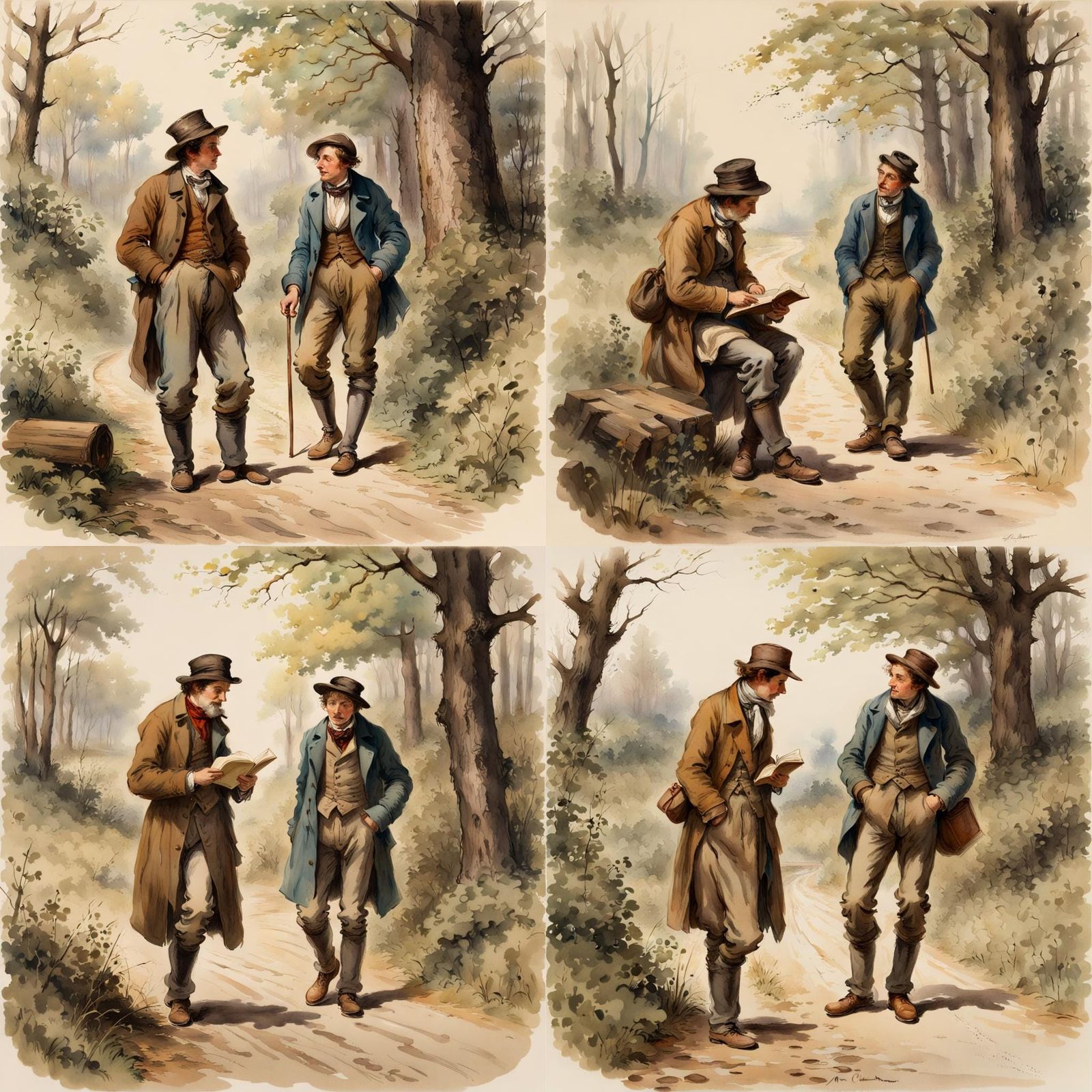 Minimalist Book Illustration of Two Figures in Woods