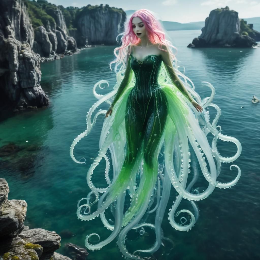 Translucent Tentacled Vampire Soaring Above Coast