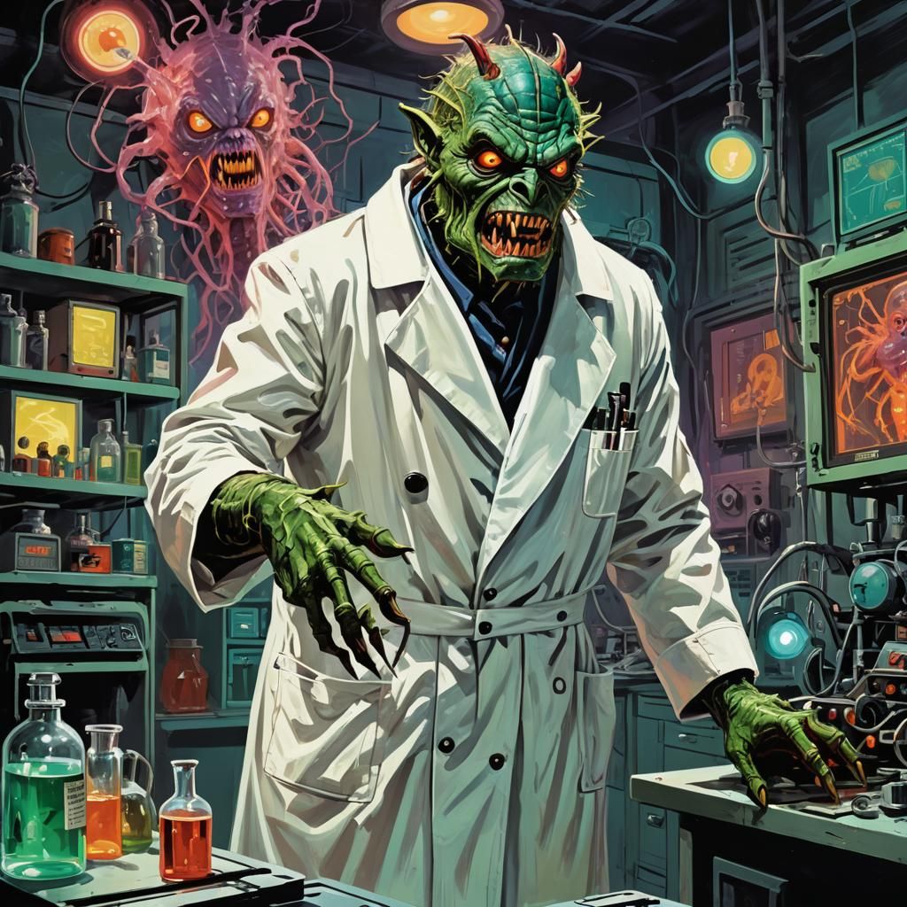 Retro Sci-Fi Monster in Laboratory, Vintage Pop Art