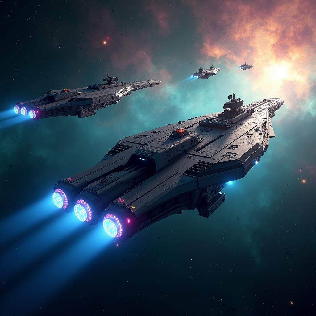 Human Starship Fleet Traversing Deep Space