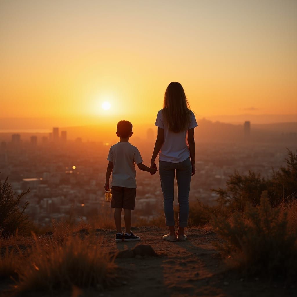 Boy and Mother Overlook City at Sunset