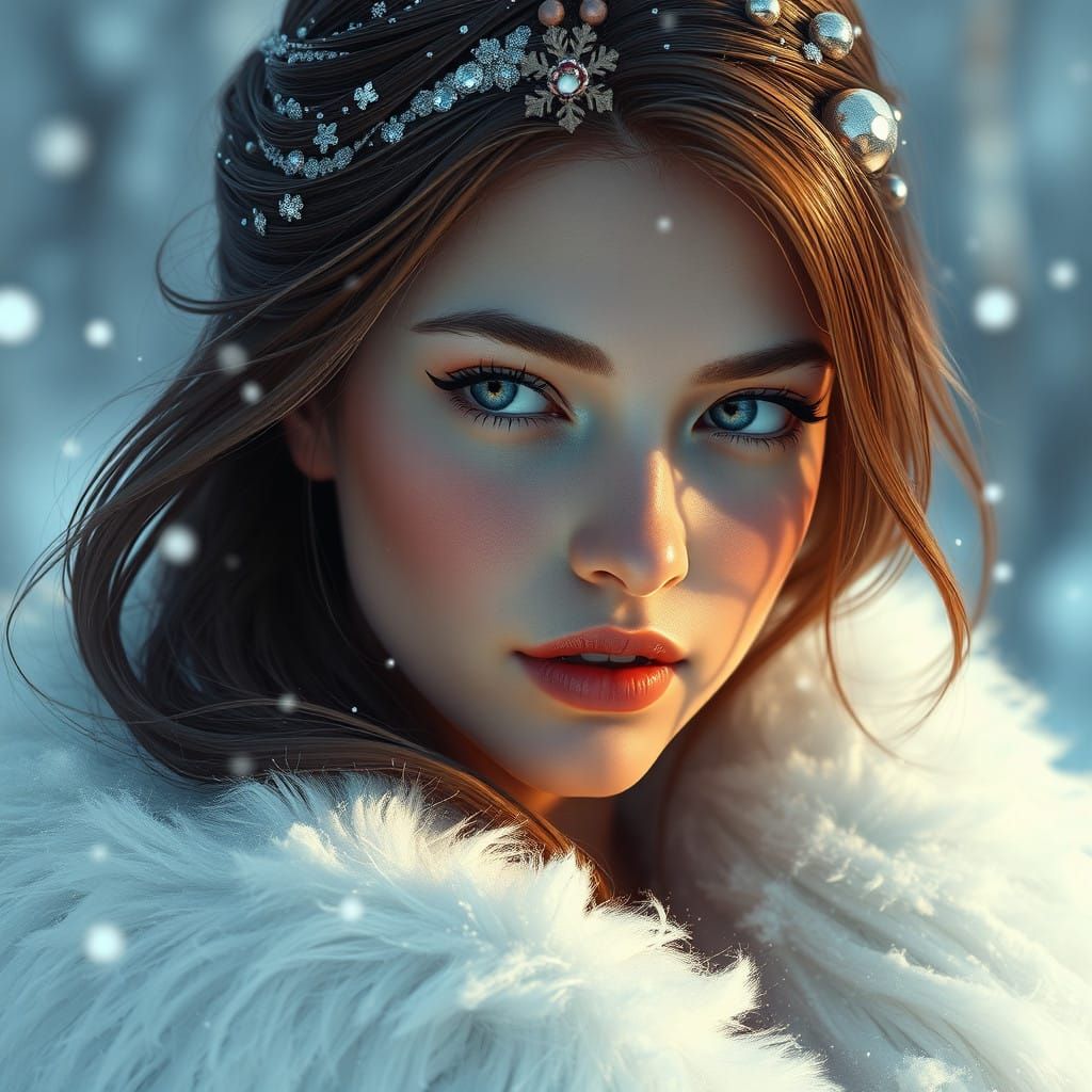 Winter Princess in Ethereal Snow Landscape