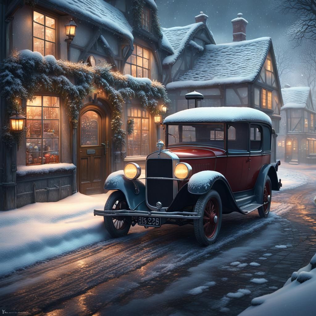Vintage Car at Snowy Pub: Detailed Matte Painting