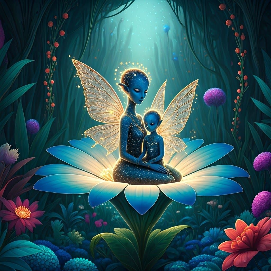 Ethereal Alien Fairy Mother and Child in Wonderland