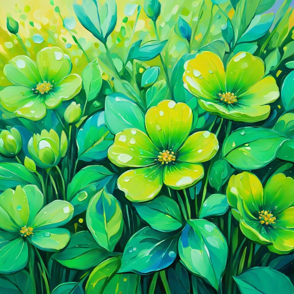Green Flowers in Fauvist Oil Painting Style