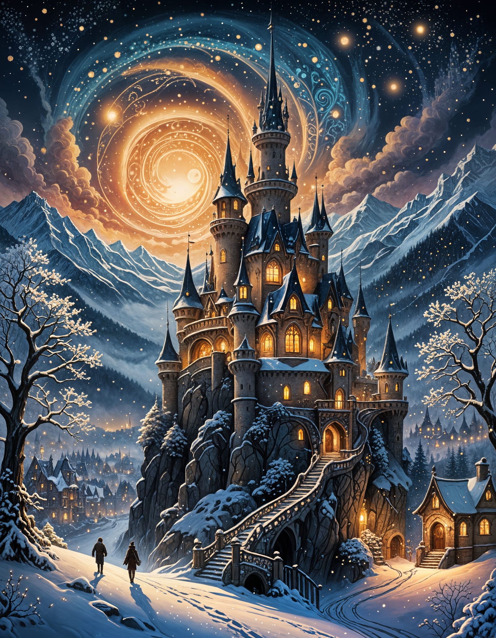 Snow-Covered Castle Radiates Enchanted Beauty