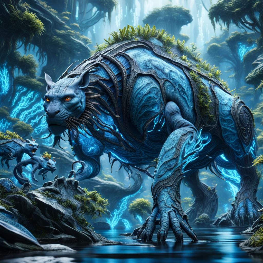 Creatures from the Avatar movies, Pandora, artist  James Cameron, stunning, hyperdetailed, fantasy, 8K, bioluminescent u...
