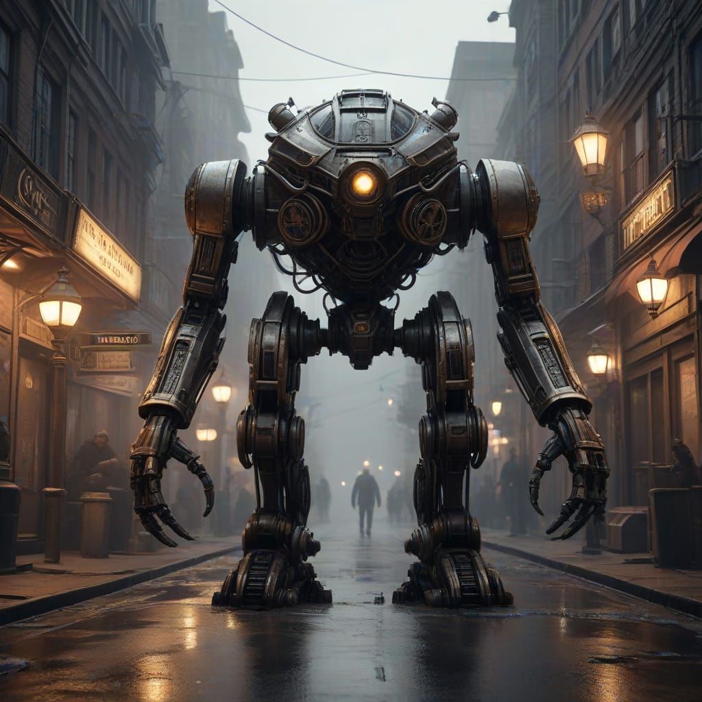 Steampunk Mech Navigates Foggy City Street