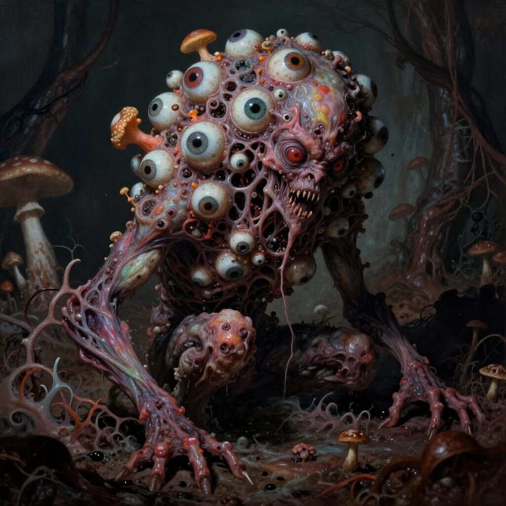 Grotesque Flesh Creature with Pulsating Eyeballs and Fungal ...