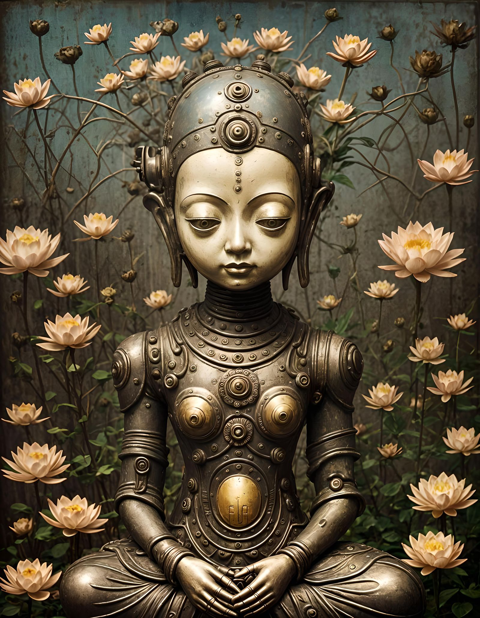 Retro Robot Buddha with Lotus Flowers