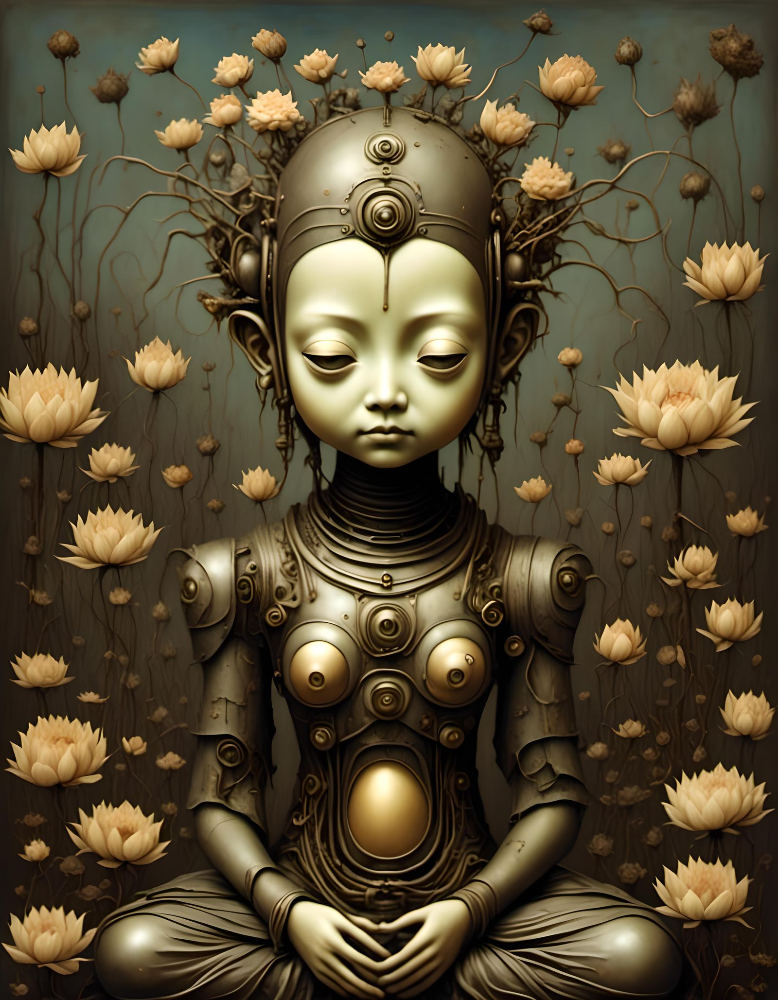Cute Retro Robot Buddha in Gothic Style