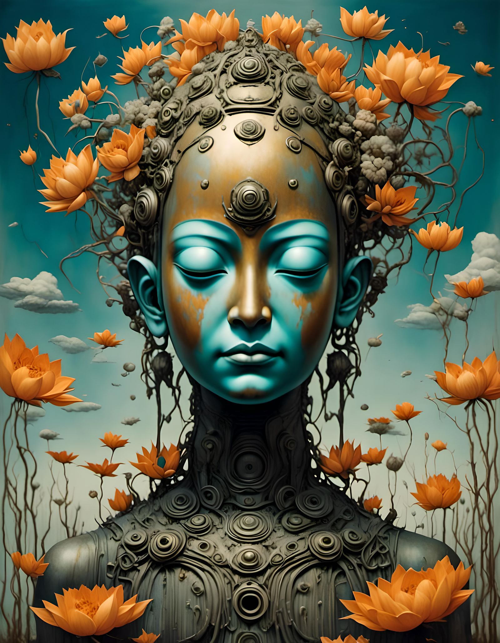 Cute Retro Robot Buddha with Lotus Flowers