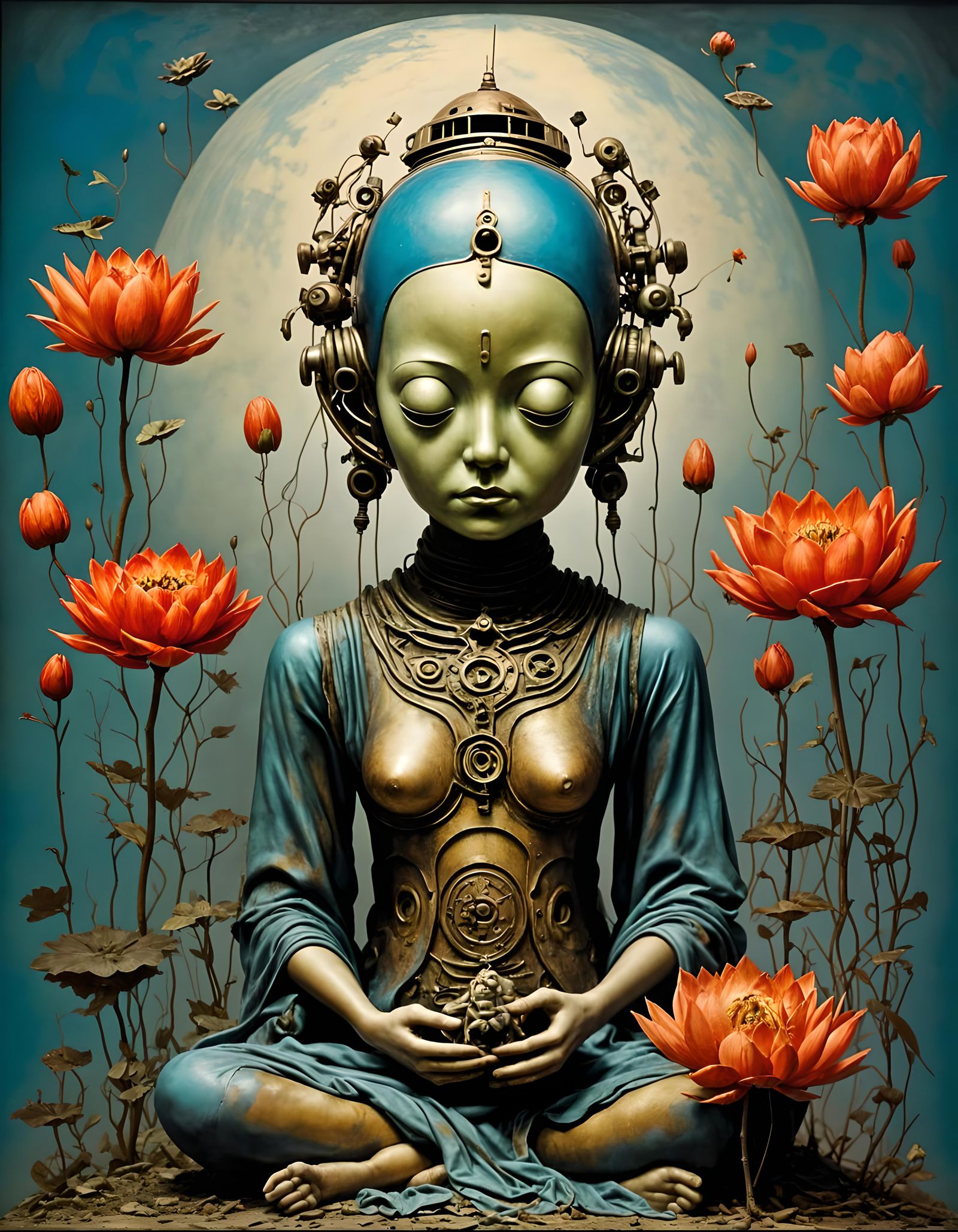 Cute Retro Robot Buddha with Lotus Flowers