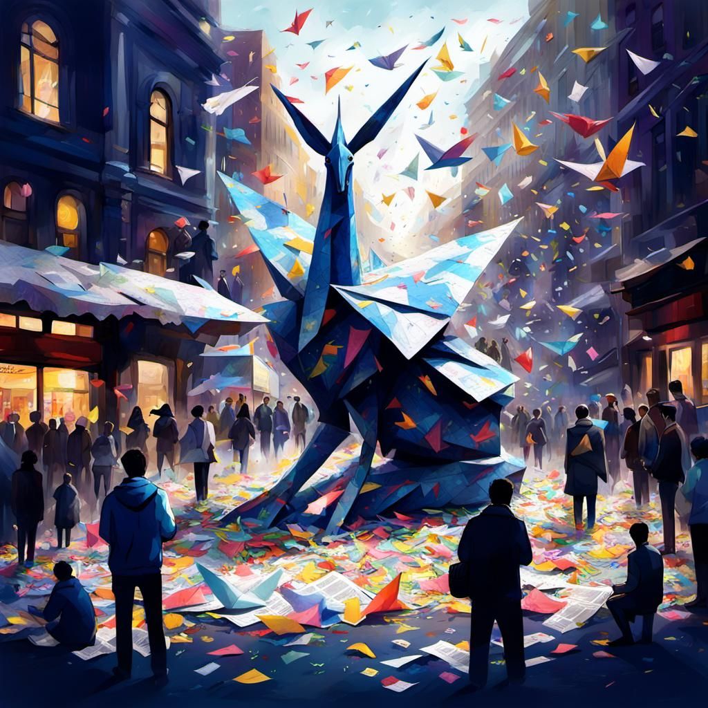 Paper Crane Statue in City Square, Pixar Style