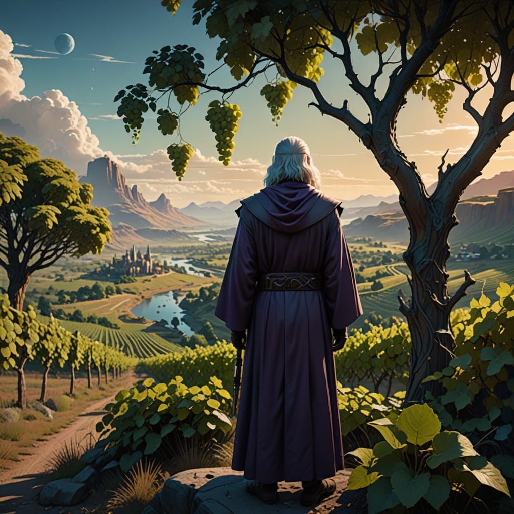 Ethereal Jedi Waits Amidst Vineyard Whispers