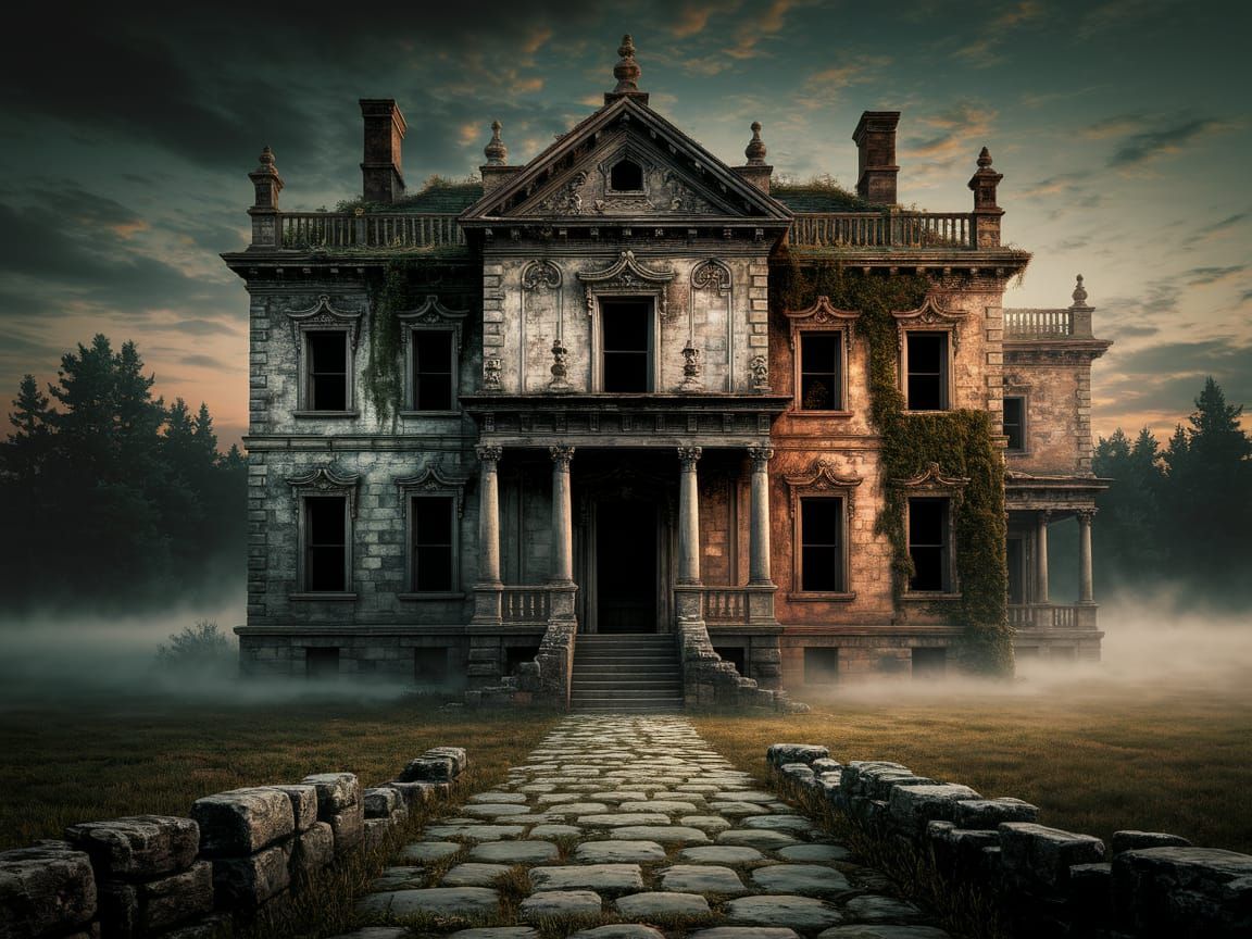 Decaying Gothic Mansion in Twilight Haze