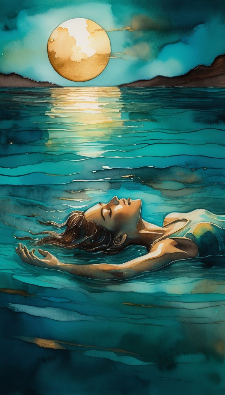 Woman Swimming in Moonlight: Watercolor Painting