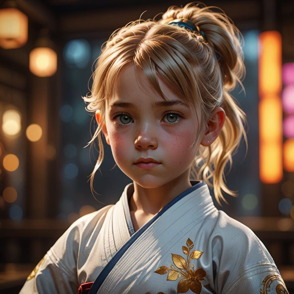 Adorable Child in Karate Pose with Dynamic Lighting