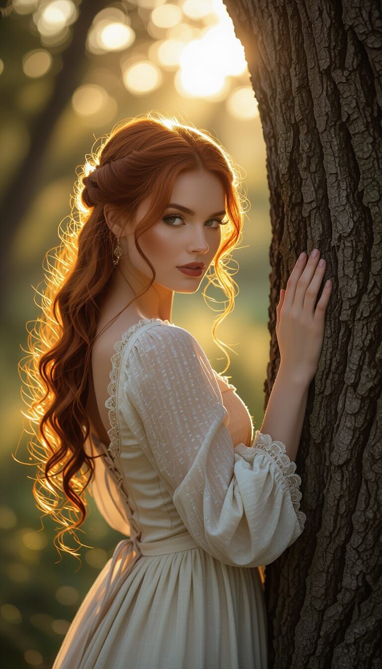 Mesmerizing Woman in Sun-Dappled Forest Glade