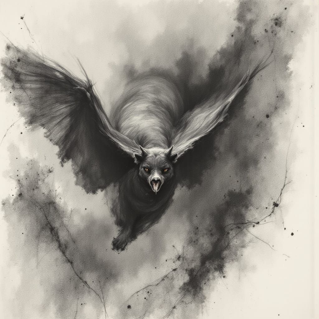 Charcoal Portrait of Emaciated Figure with Glowing Eyes