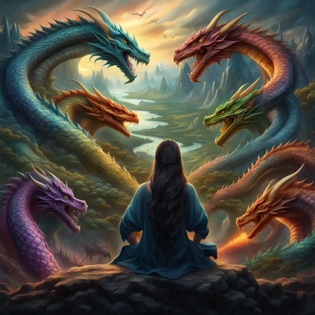 Fantasy Woman Surrounded by Colorful Dragons