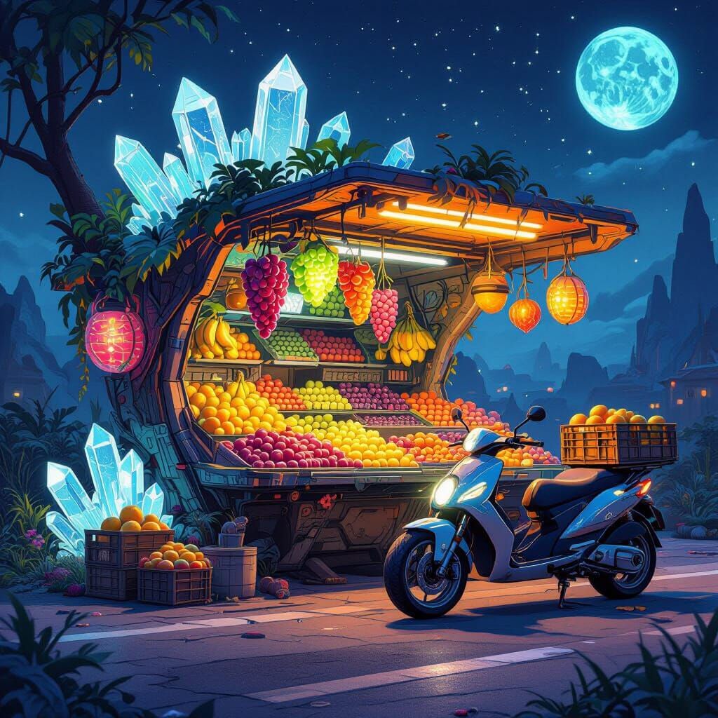 Bustling Alien Fruit Stand: Sci-Fi Concept Art