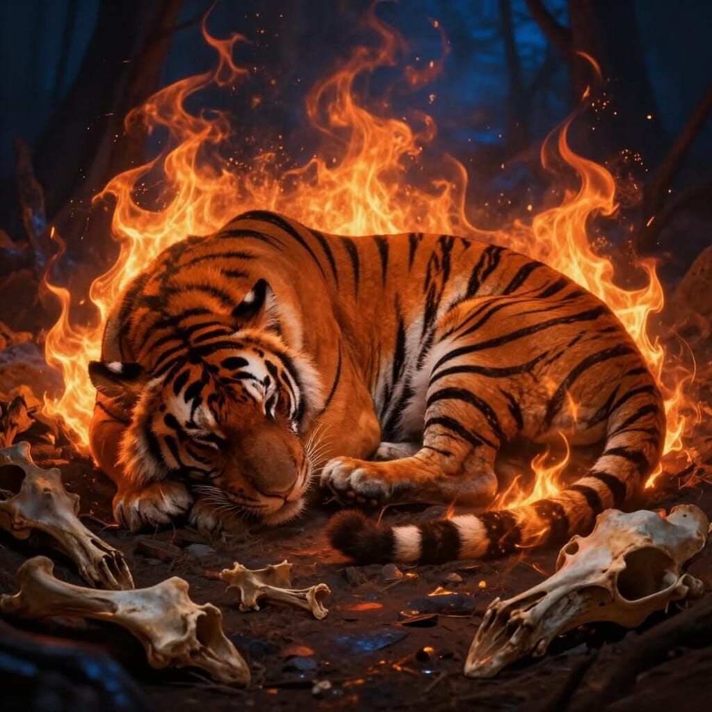 Sleeping Tiger Encircled by Fiery Flames in Dark Fantasy Art