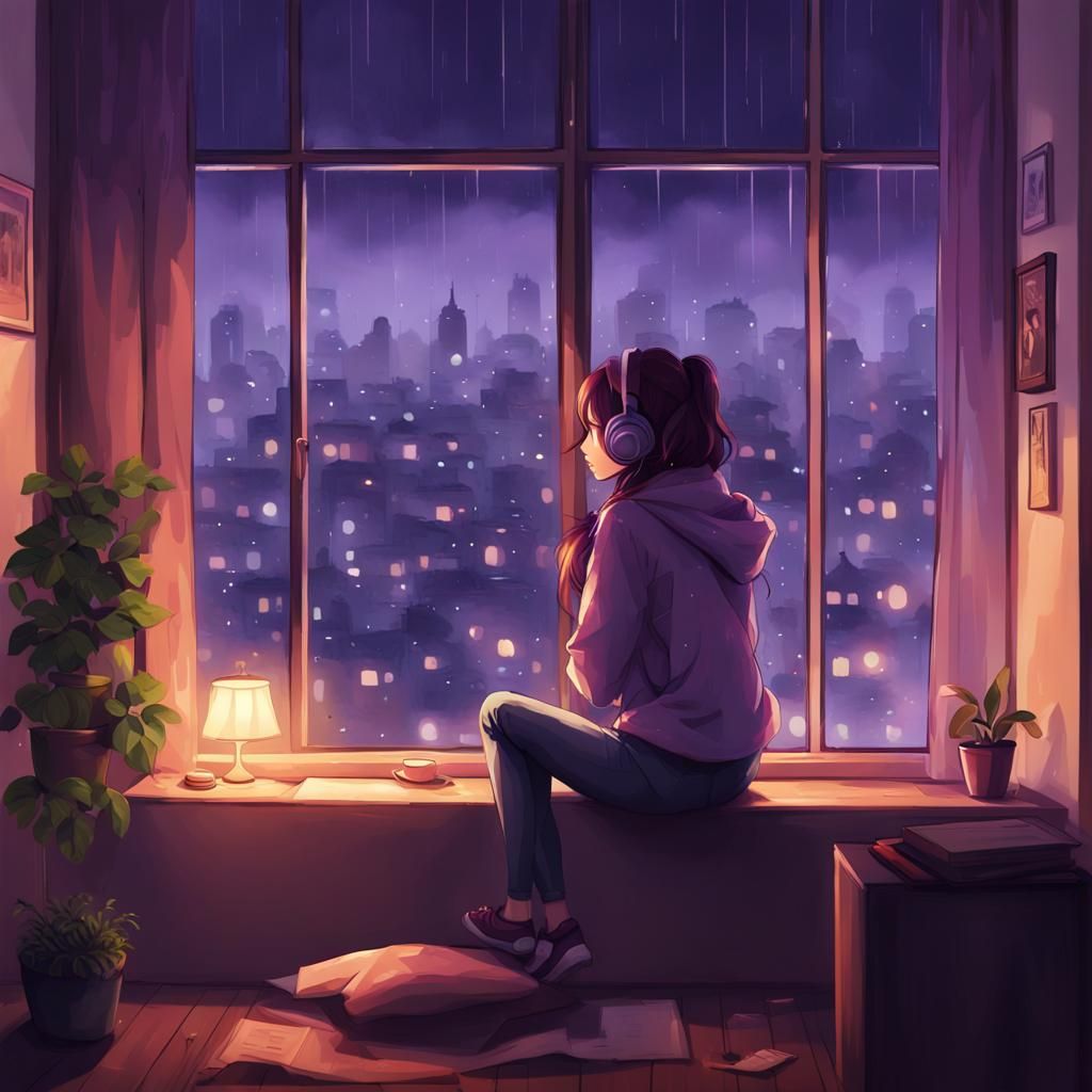 Cozy Girl Gazing at Rainy City Lights