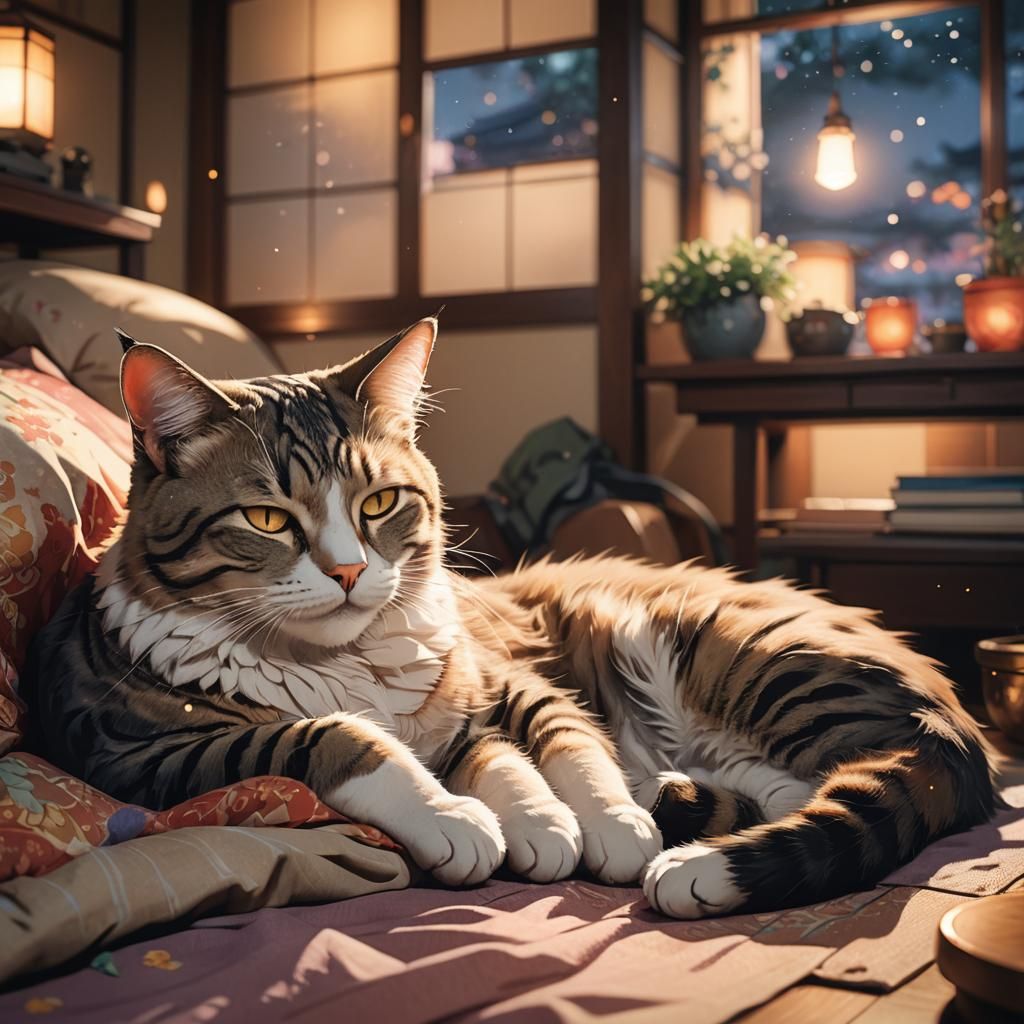 Anime Cat and Owner Sleeping Peacefully