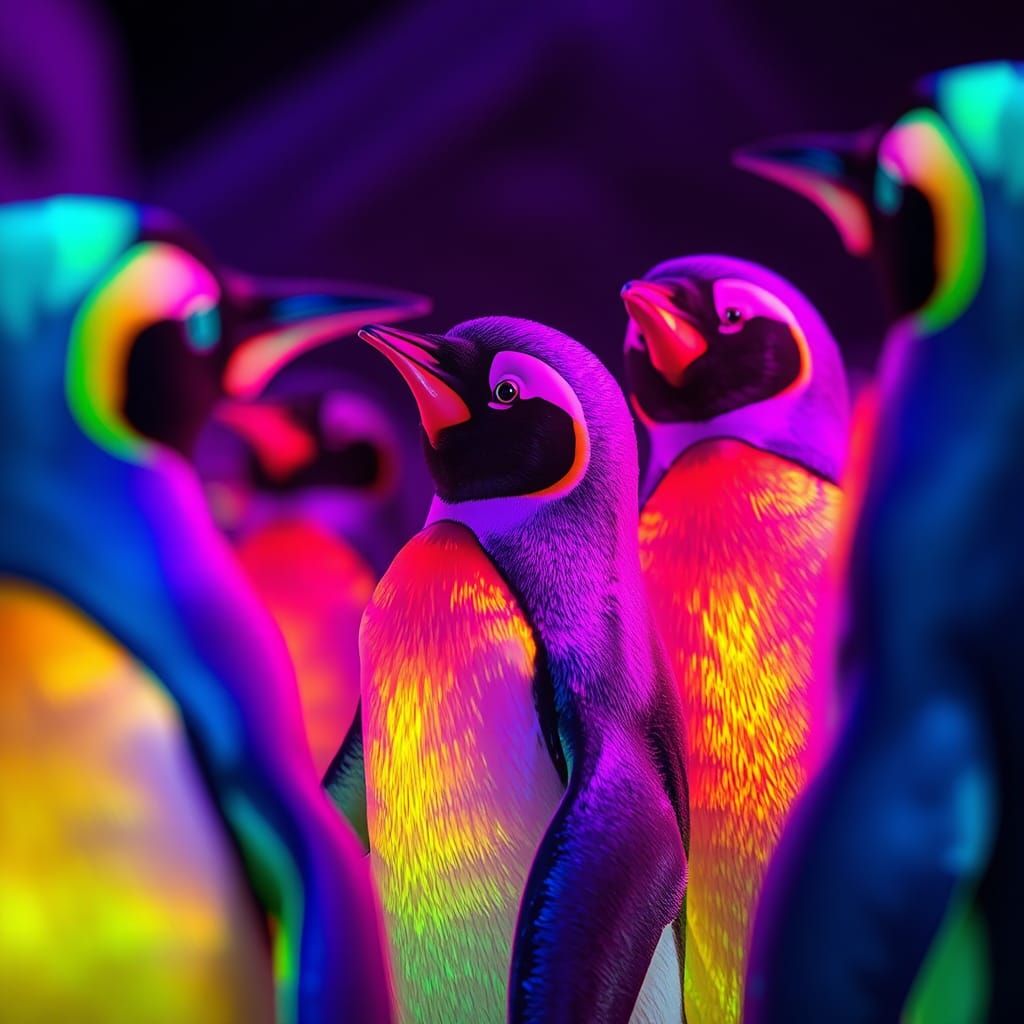 Vibrant Penguins in Fluorescent Dreamscape, Hyper-realistic ...