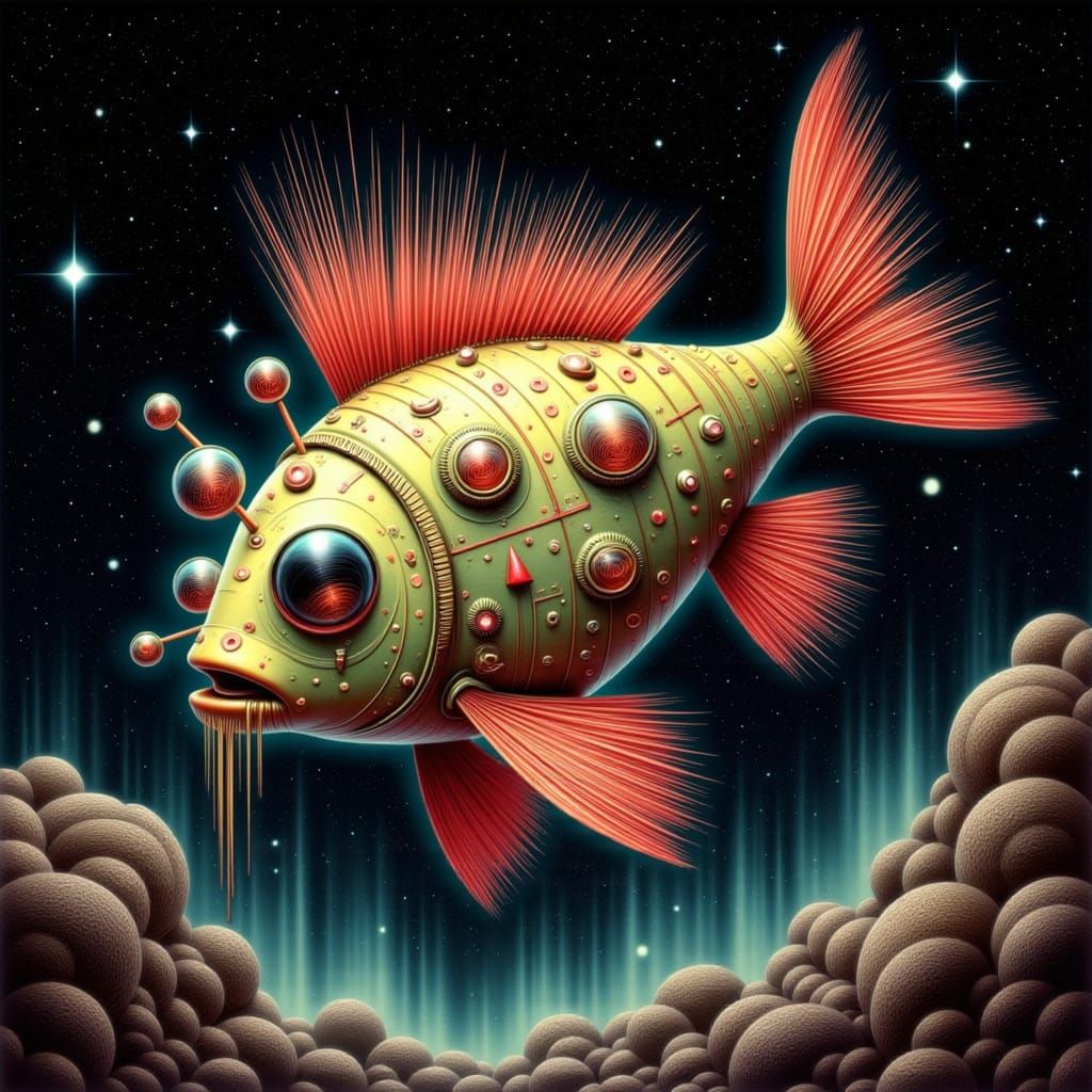 Retro-Futuristic Voodoo Fish Doll in Cosmic Style