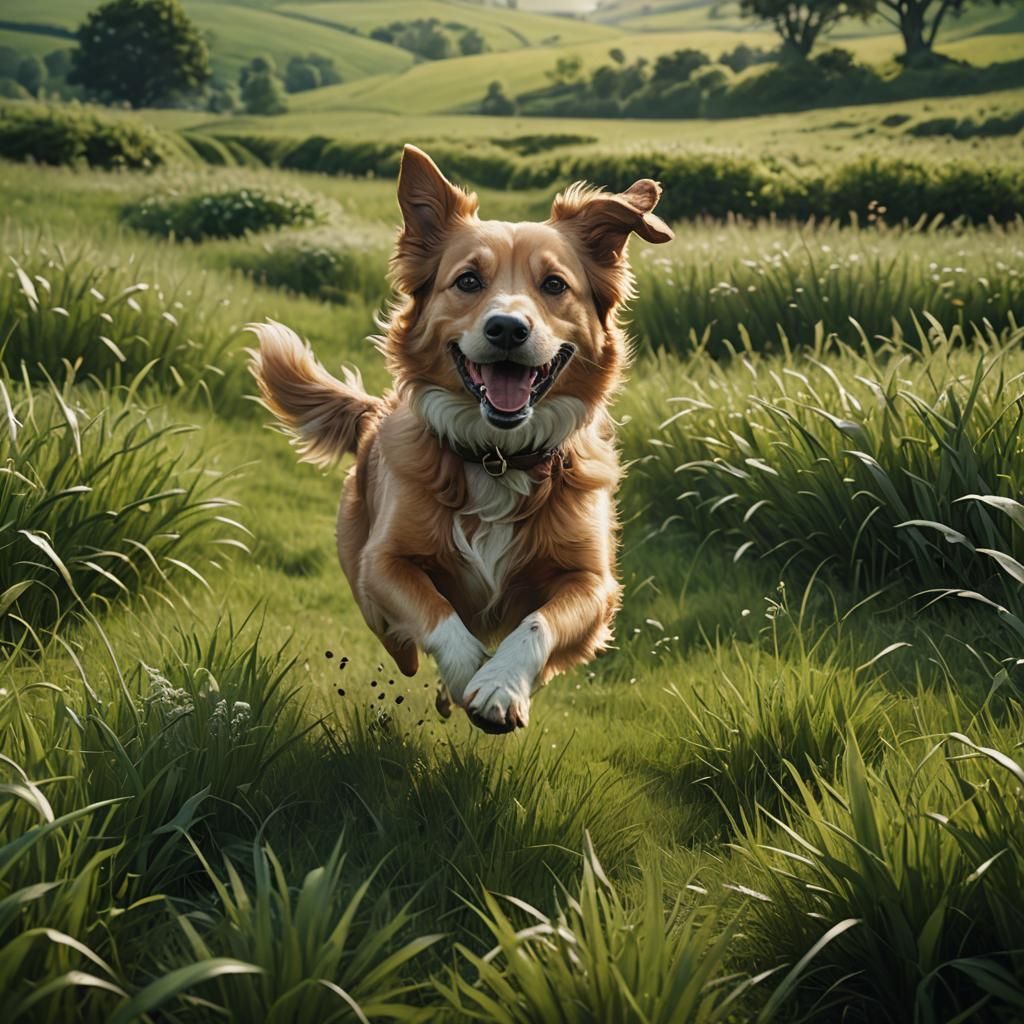 Happy Dog Running in Green Field: Fantasy Art