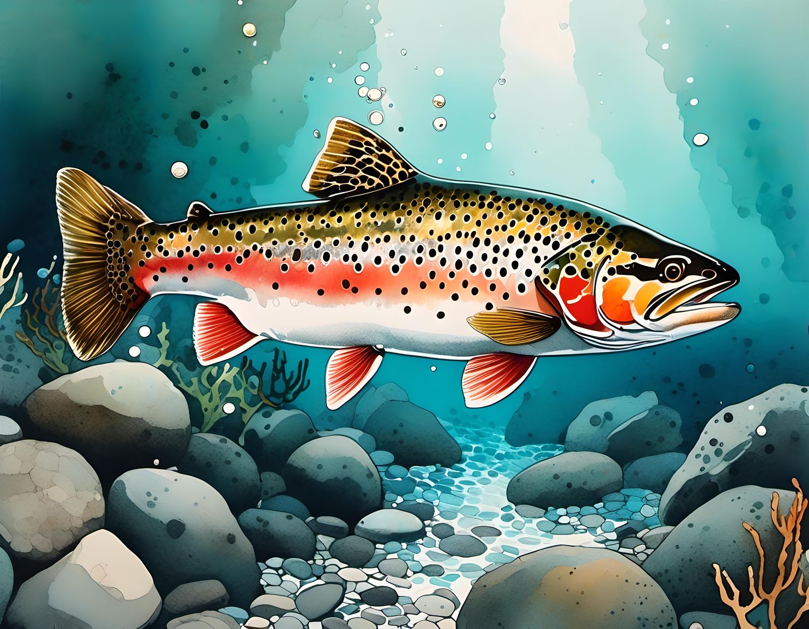 Realistic Trout Swimming in Underwater River Scene