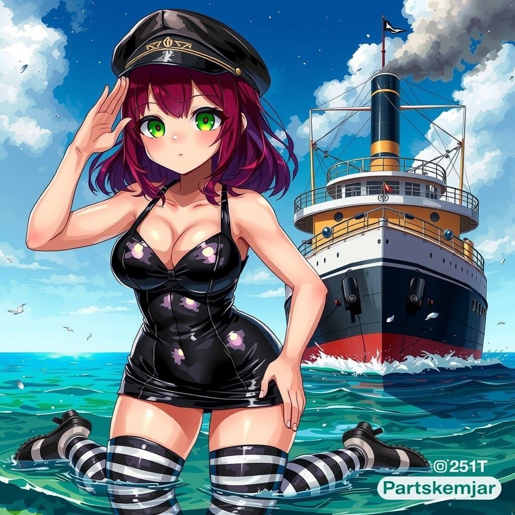 Anime Woman Saluting Sinking Steamer, Studio Trigger Style