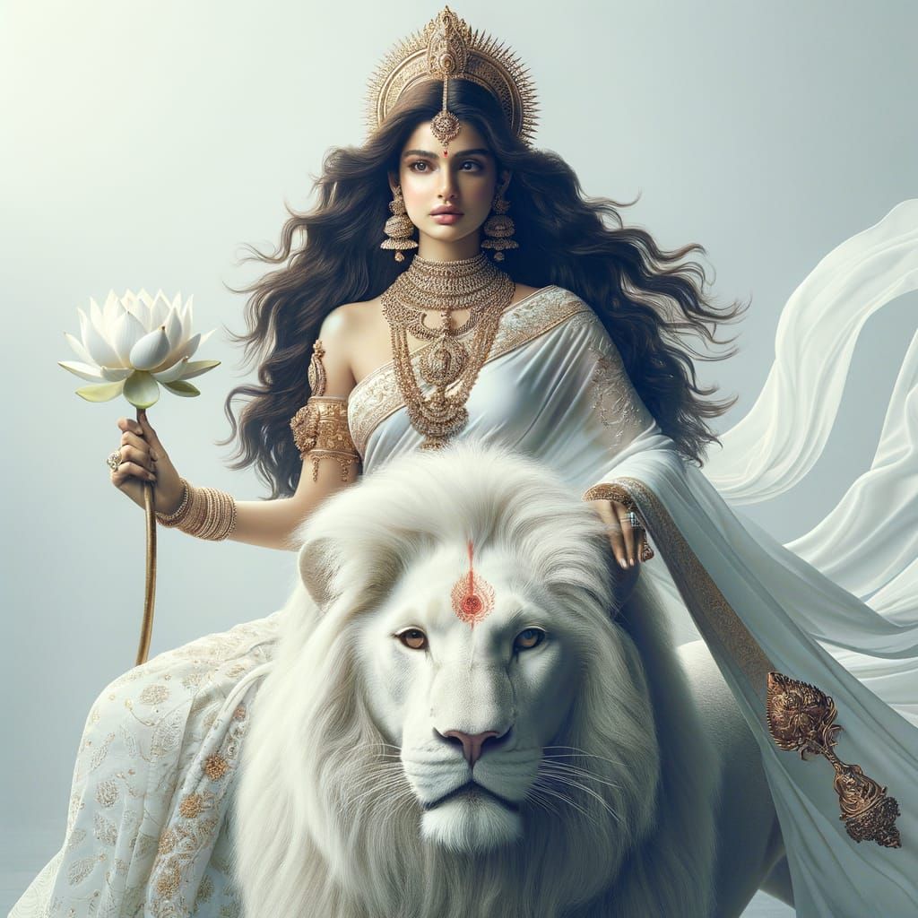 Divine Woman Rides White Lion with Lotus and Sword