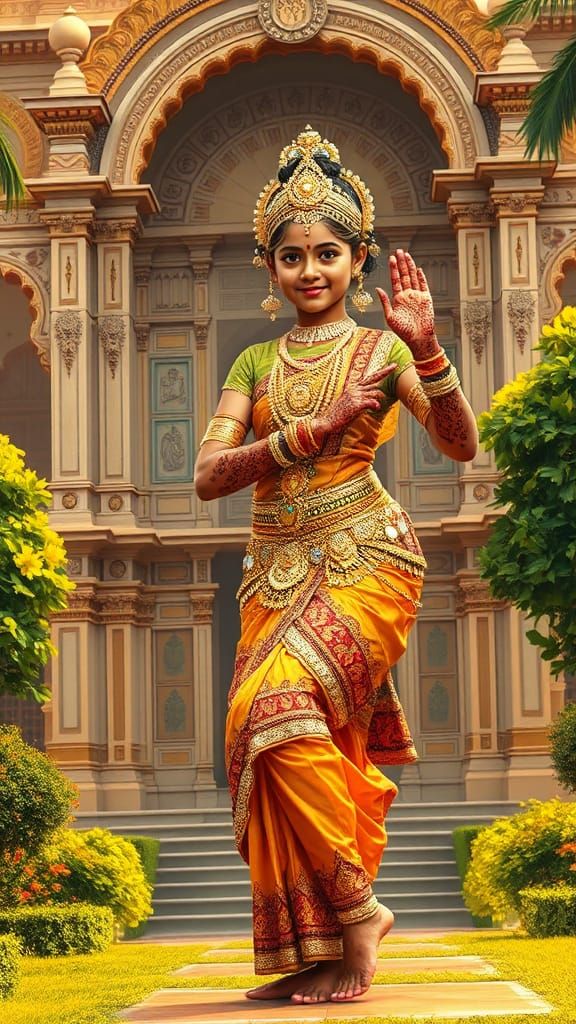 South Indian Girl in Golden Dress Posing at Palace