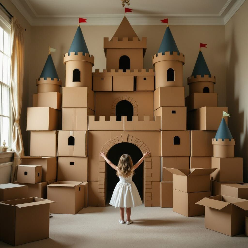 Girl's Cardboard Castle Ball: A Cinematic Film Still