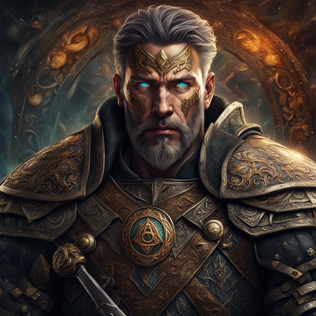 Fantasy Warrior with Glowing Runes in Detailed Matte Paintin...