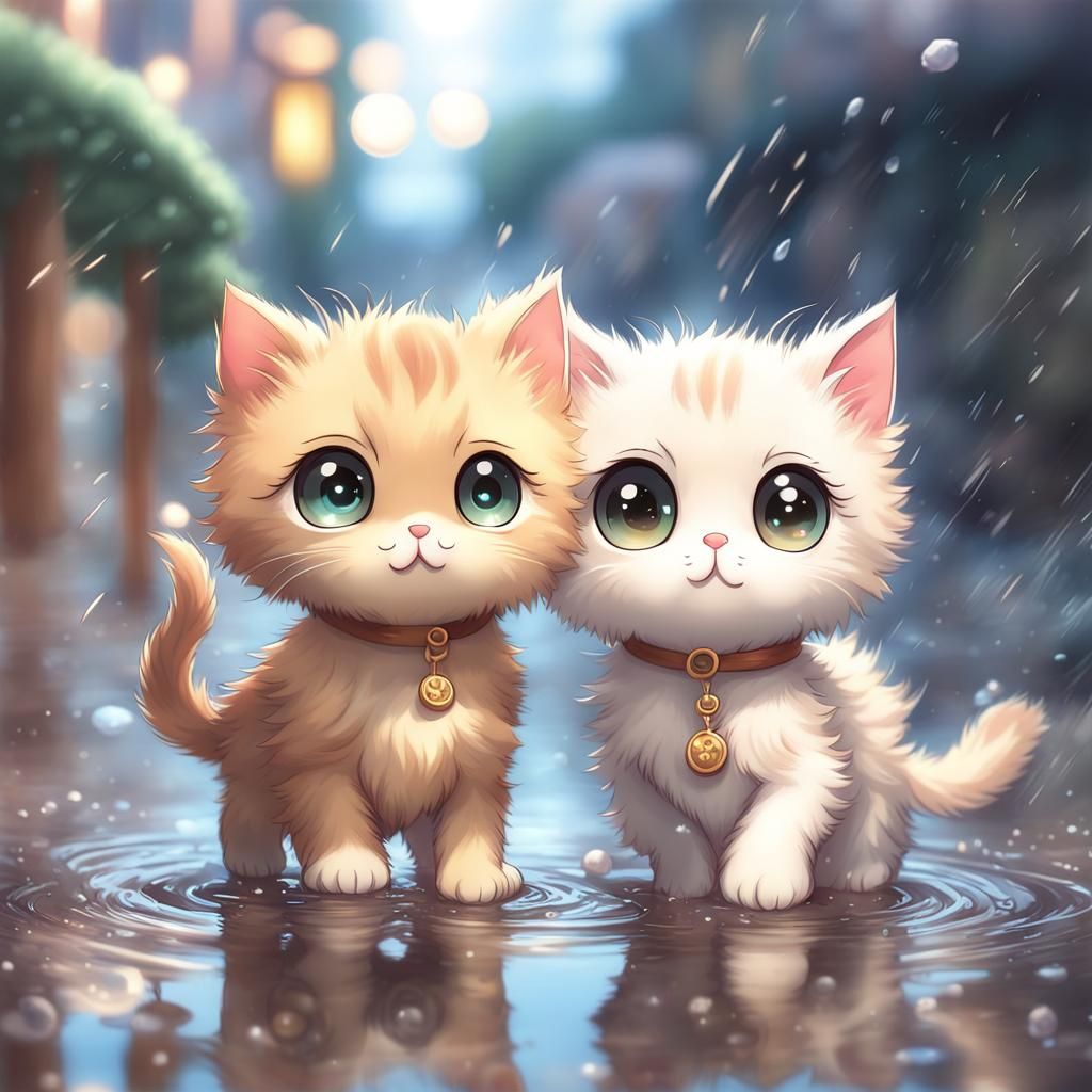 Adorable Chibi Kittens Playing in Rainy Anime Style