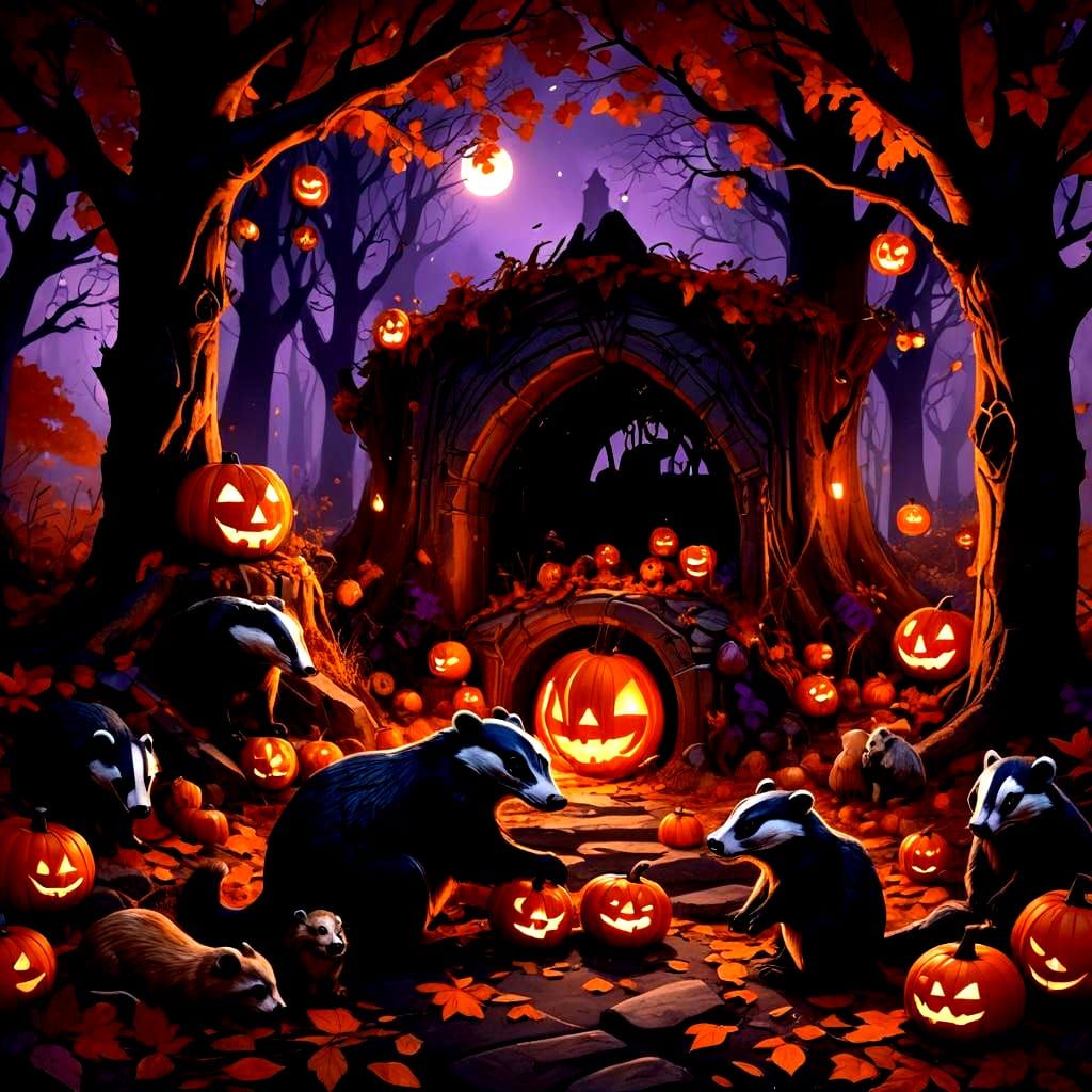 Badgers' Halloween Party: A Fantastical Digital Painting