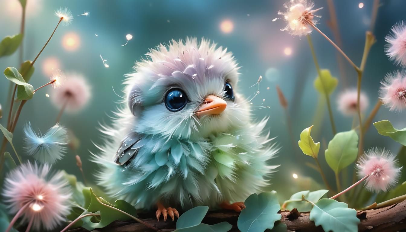 Dandelion Fur Baby Bird in Fantasy Art Style