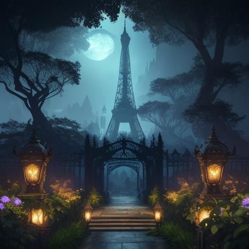 Eiffel Tower in Fantasy Art Nouveau Landscape