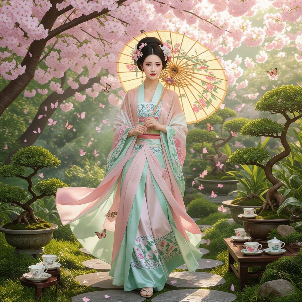 Serene Asian Lady in Pastel Blossom Garden