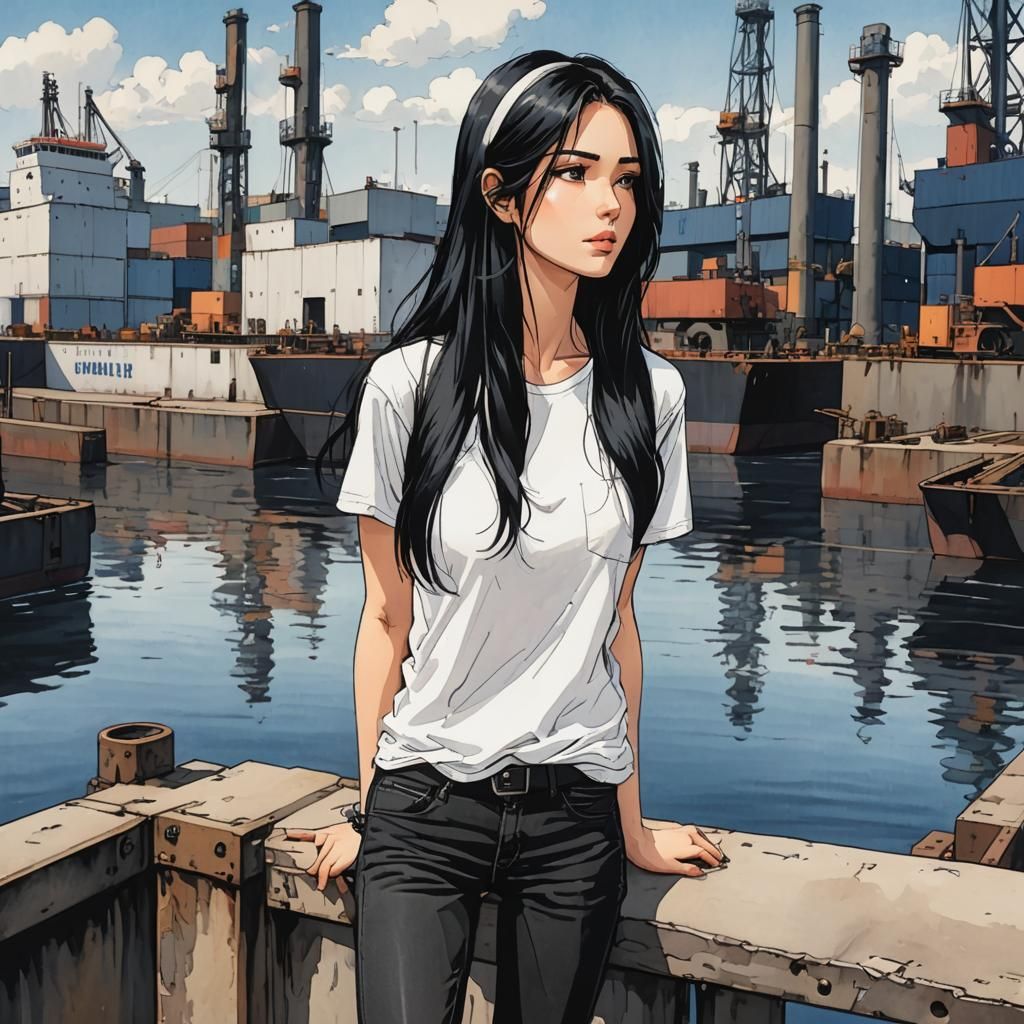 Woman on Industrial Quay in Anime Comic Style