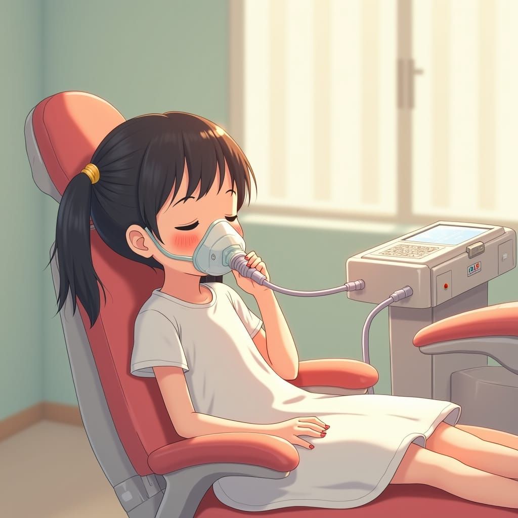 Anime Girl in Dentist Chair with Anesthesia Mask