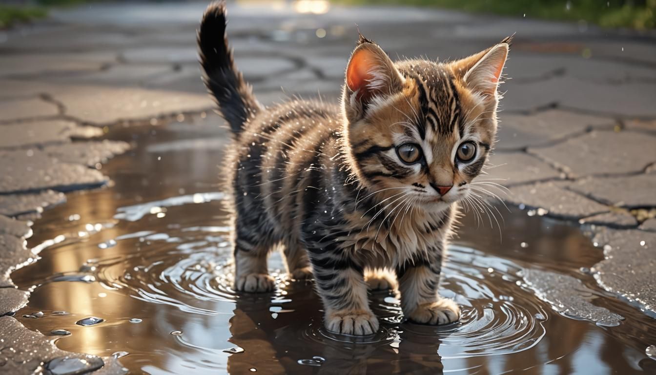 Kitten Drinks from Puddle: Ultra-Realistic Digital Painting